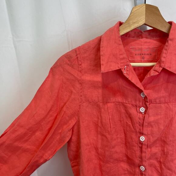 KHAKI AND CO Bess Nielsen Hand Woven Linen Button Down Shirt Coral Orange Size L - Picture 5 of 6